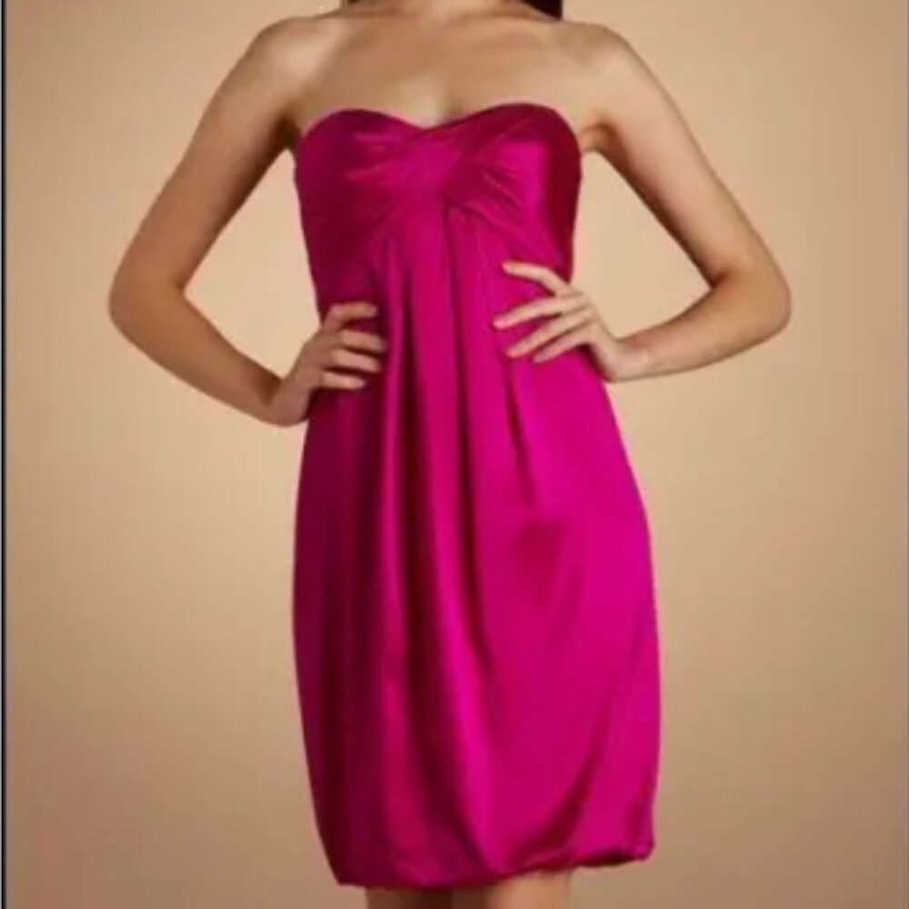 Nicole Miller Sz 8 Hot Pink Strapless Satin Cocktail Midi Lined Dress Back Zip